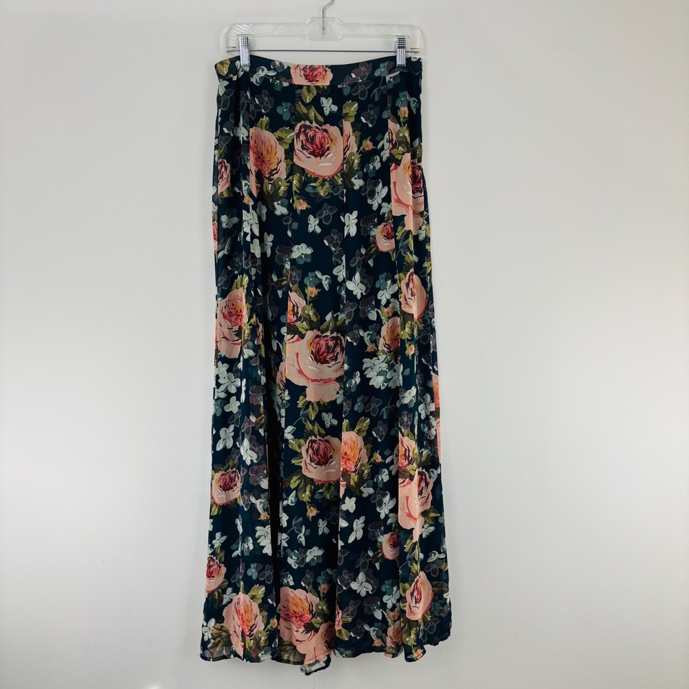 Show‎ Me Your Mumu Teal Floral Chiffon Maxi Skirt Pink Rose High Waist Sz Large